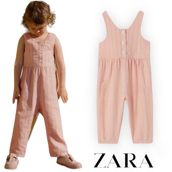 ZARA Kids | Pink | LINEN STRIPED JUMPSUIT - Picture 1 of 6
